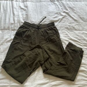 Dark Olive Green Pants, Elastic Waist, Pockets, Large